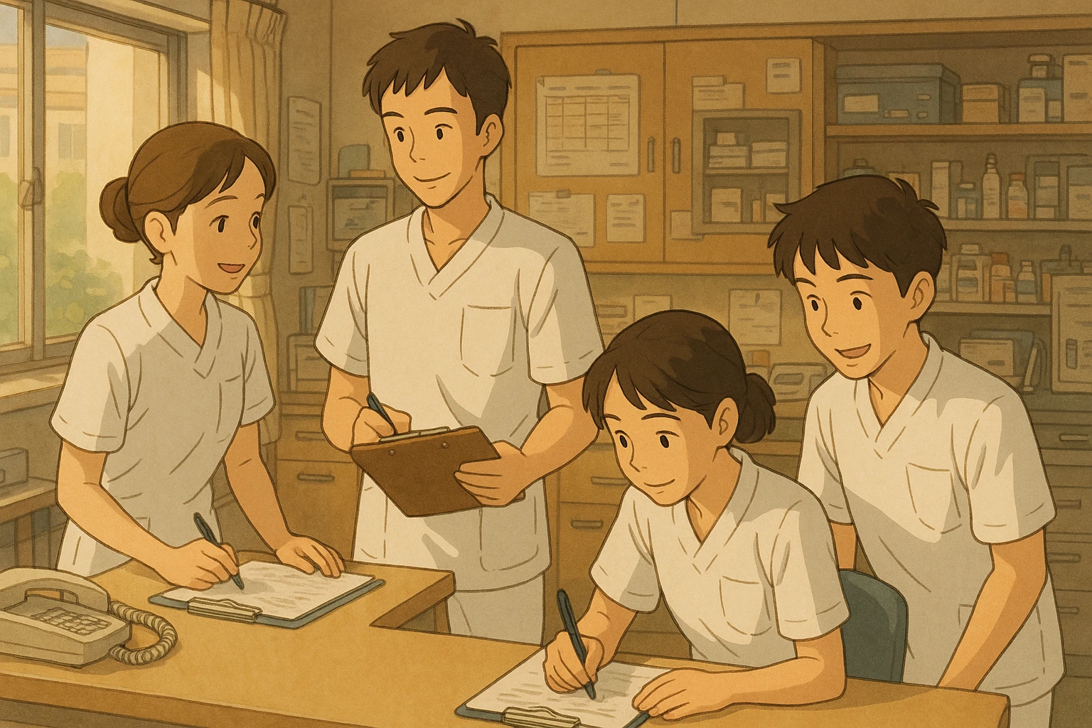 Scene of four nursing students, based on photos, in a care station, Ghibli style, white medical short-sleeve uniforms with V-neck collar and left chest pocket, no accessories, team atmosphere. emoji