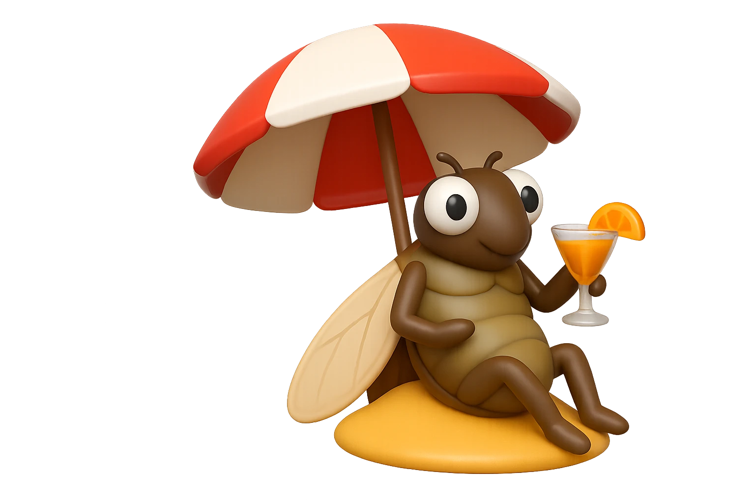 EMOJI STILE IPHONE 3D DI UNA CICALA CHE STA RILASSATA SEDUTA SOTTO L'OMBRELLONE IN SPIAGGIA CON UN COCKTAIL IN MANO, FAGLI GLI OCCHI CON LA PARTE BIANCA, NON SOLO LA PUPILLA emoji