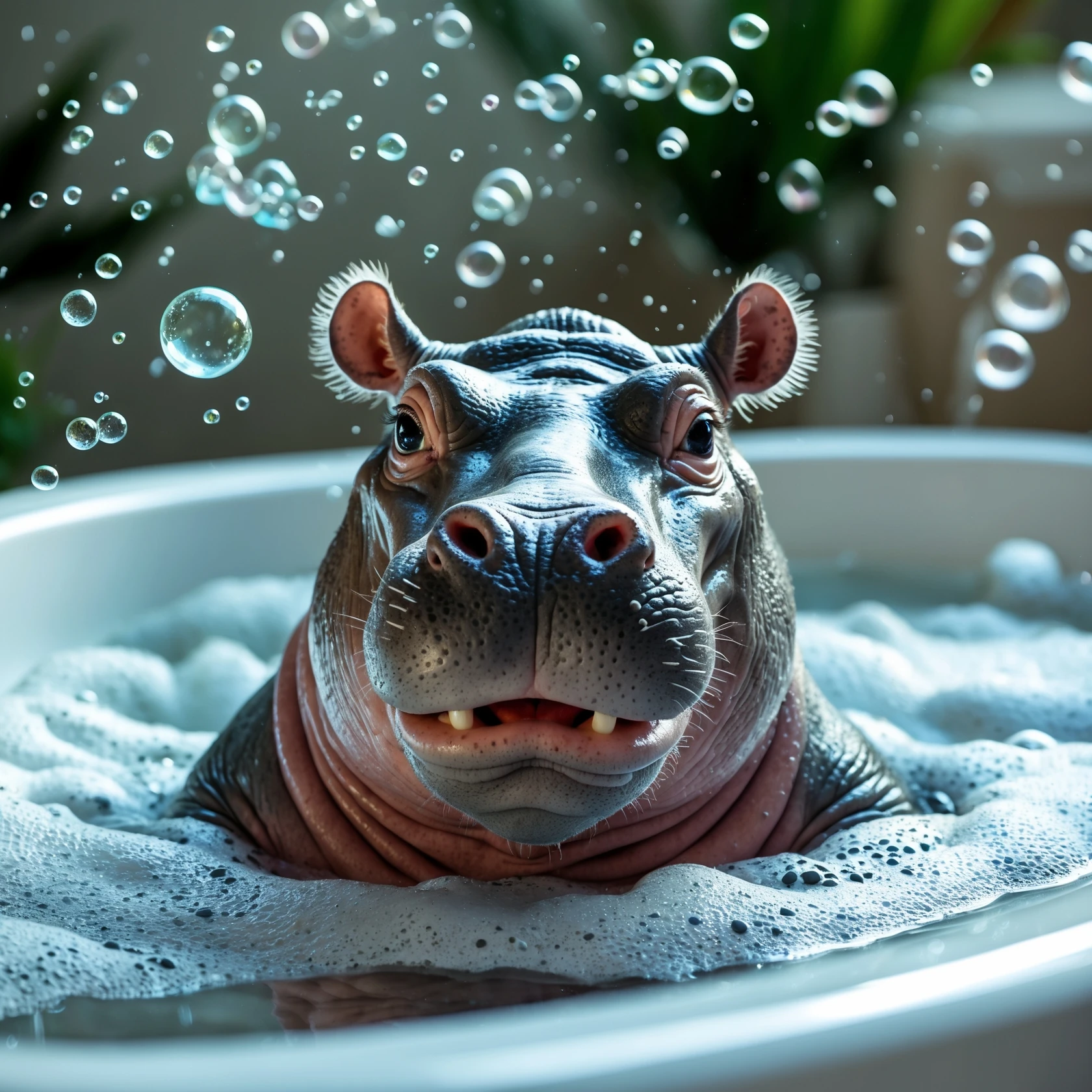 happy hippo with bubbles in bathtub emoji