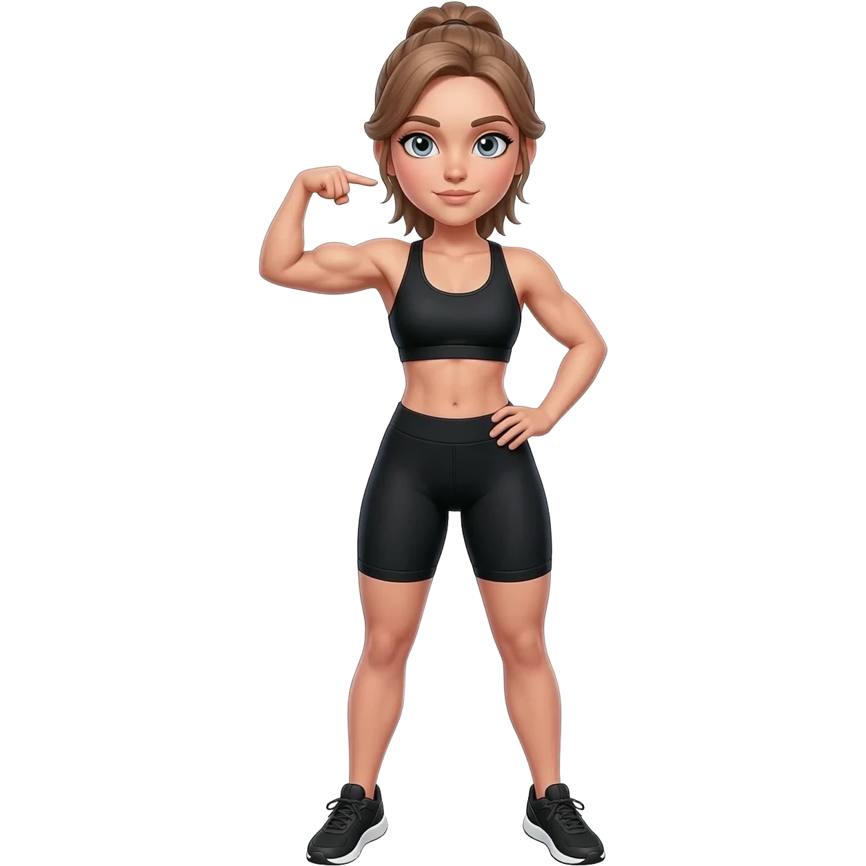 athletic ready pose pointing to arm muscles, fair-skinned woman, gray-blue eyes, ash brown brows, ash light brown hair tied back, slim athletic body, black workout set, black sneakers with white soles emoji