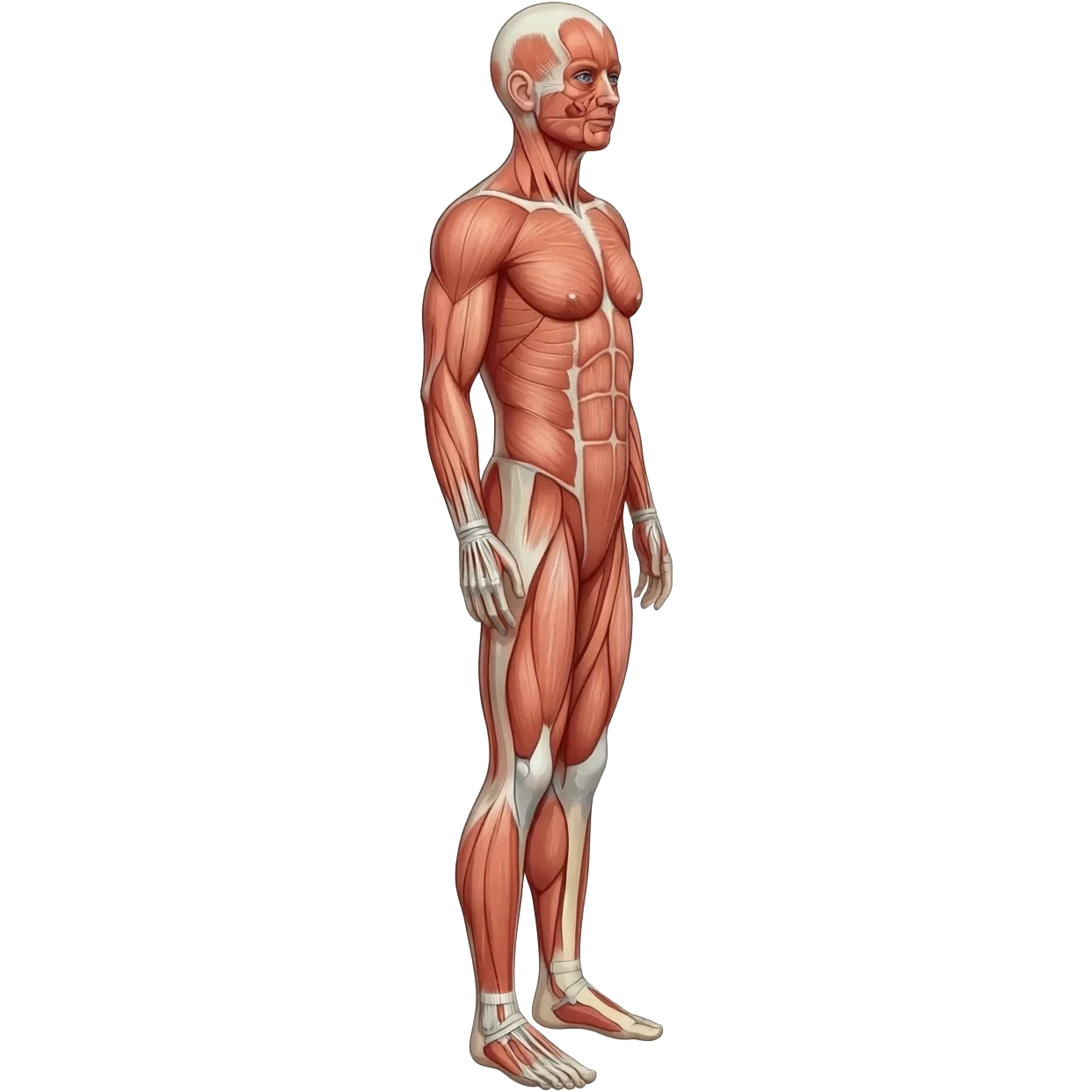 Cuerpo humano completo de pies a cabeza, postura lateral derecho, estilo anatomía, con piel emoji