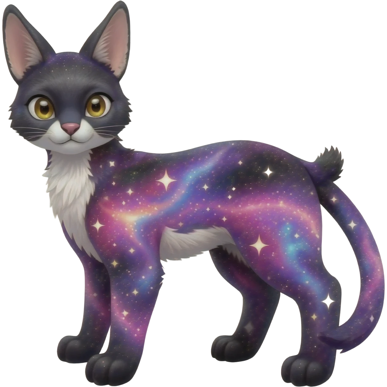 Colorful black-violet-indigo-purple-pink-gradients nebulae nebula white stars-sparkles-markings galactical shiny white-stars-patterned glorious iridescent divine exotic cute cool beautiful realistic Meloetta-caracal-civet-sergal-bunny-oncilla-animal-Fakémon-hybrid-fursona (full body) emoji