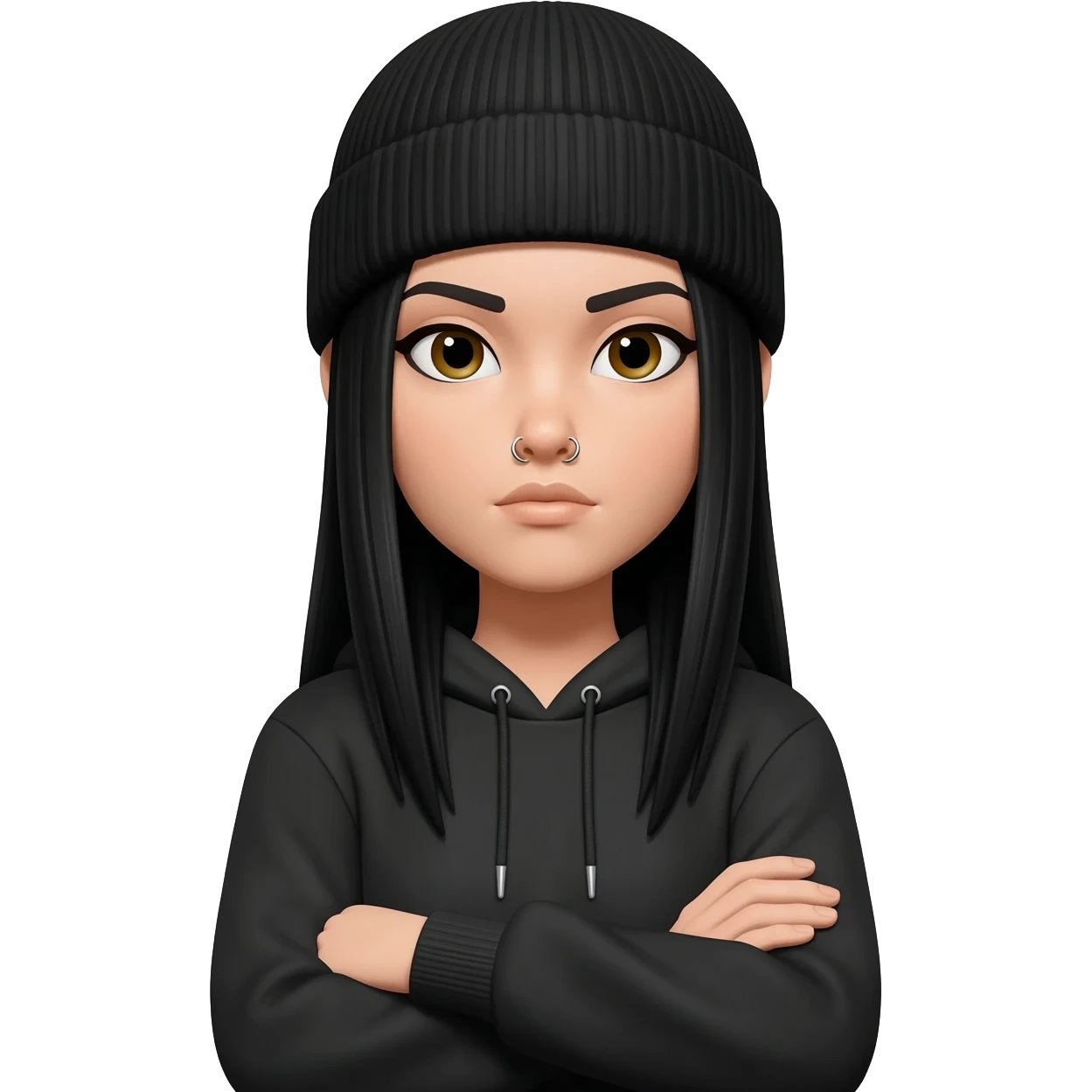 White curvy female with long straight black hair wearing a beanie and standing with arms crossed wearing a hoodie and both nostrils pierced emoji