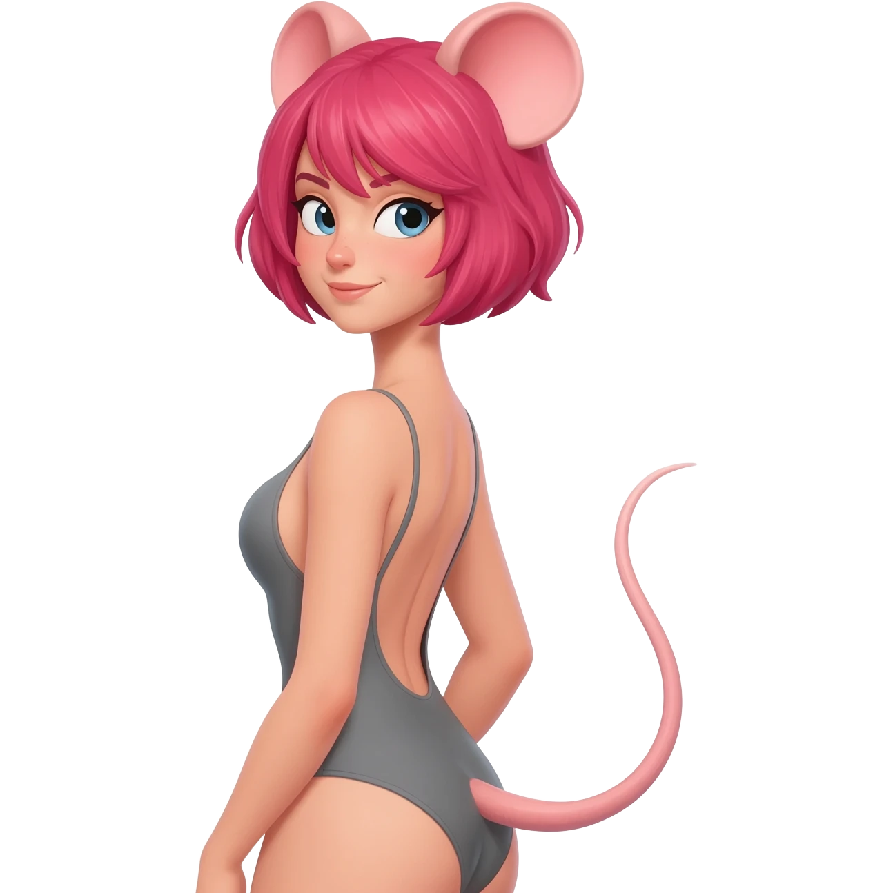 The woman with a bright head and rat ears, with a rat tail is backwards in half-turn. she is in a grey open swimsuit and she has a bikini And she is sexy emoji
