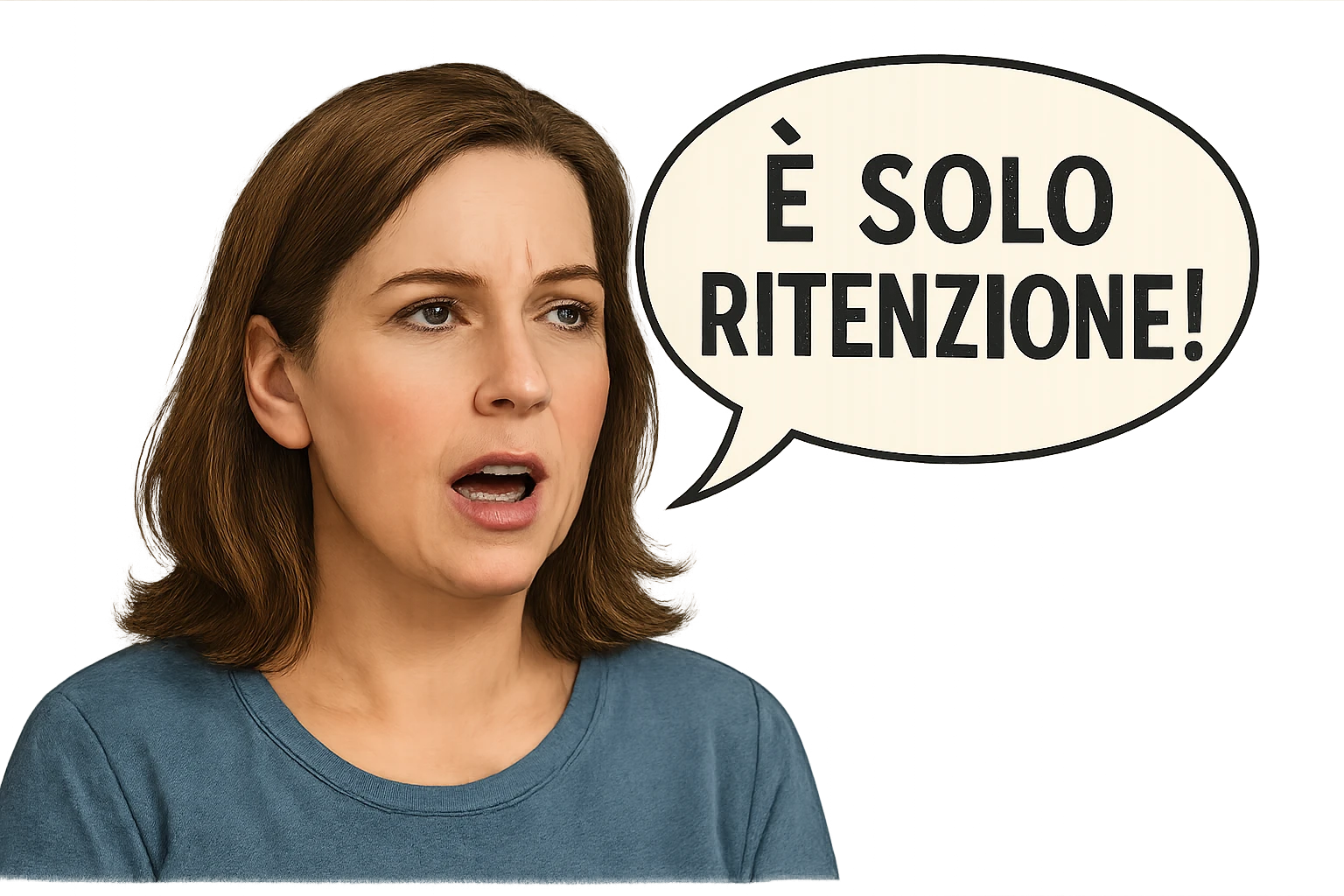 DONNA REALISTICA CHE DICE IN UN FUMETTO ALLA SUA DESTRA: "è SOLO RITENZIONE!" emoji