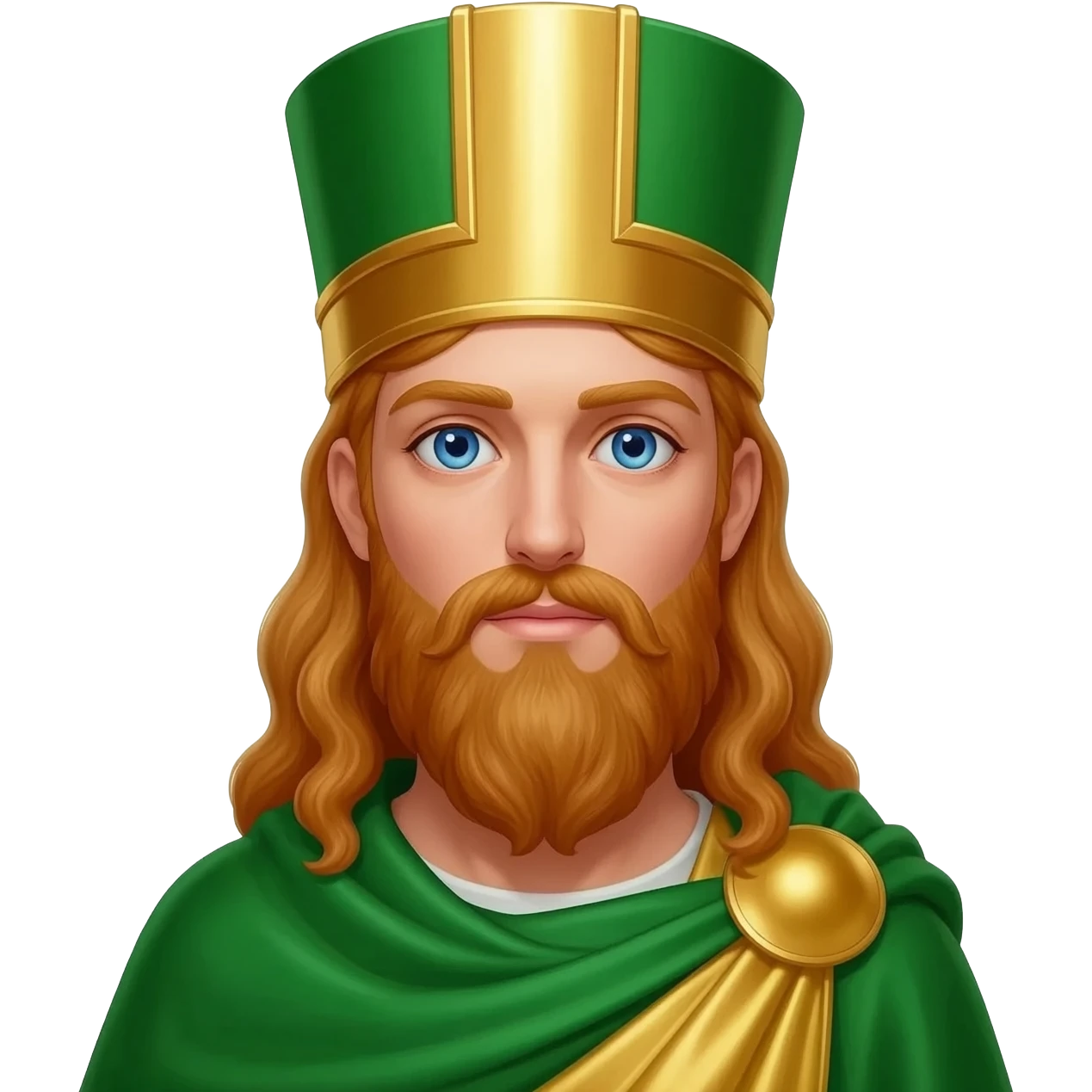 Saint Patrick from Christian Mythology with blue eyes, long reddish blonde hair, green and gold metallic toga, green and gold metallic headdress emoji
