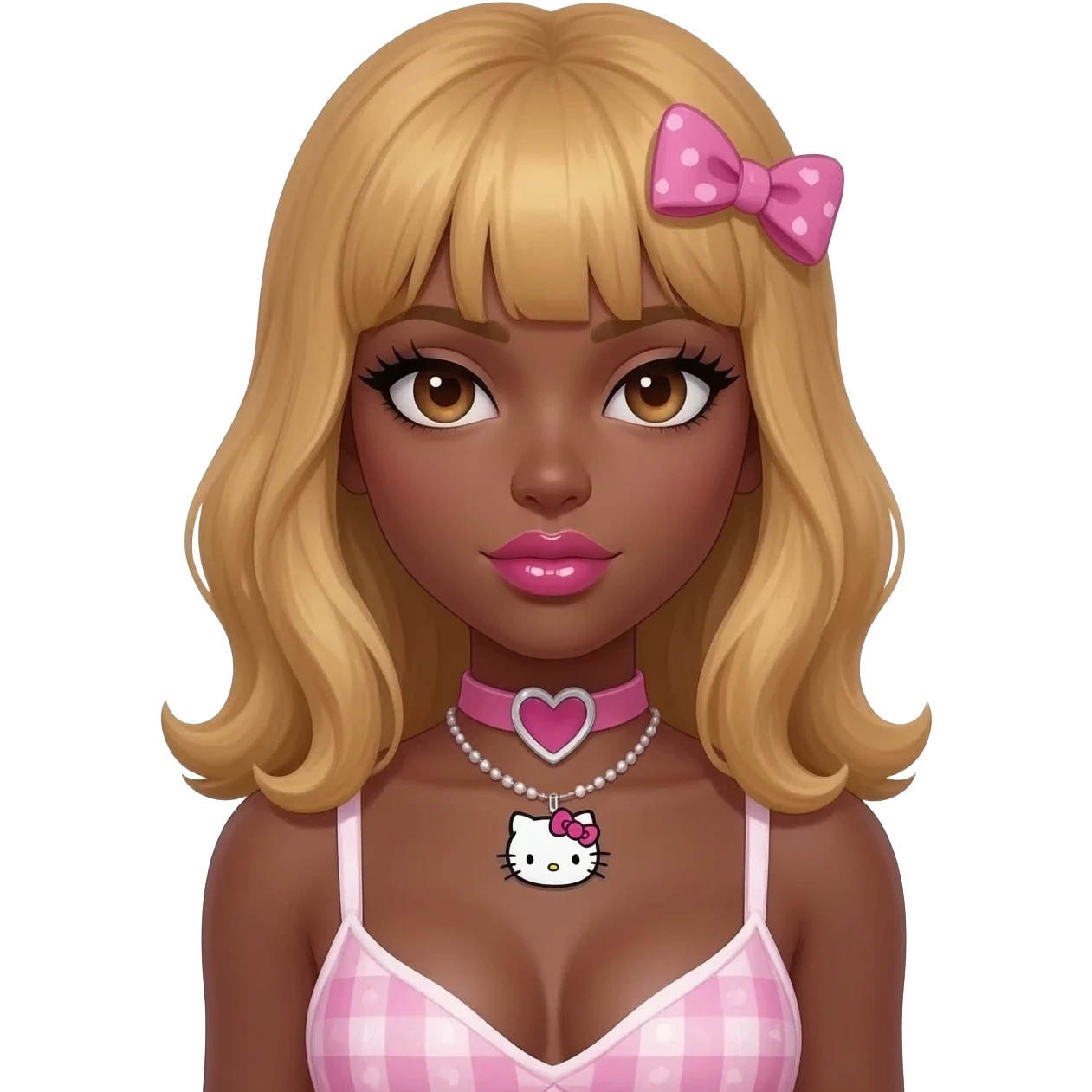 heart shaped lips, cute glossy lips, doll eyes with long lashes, dark brown skin, honey blonde hair, big chest, hello kitty necklace, one bow clip, bimbocore outfit emoji