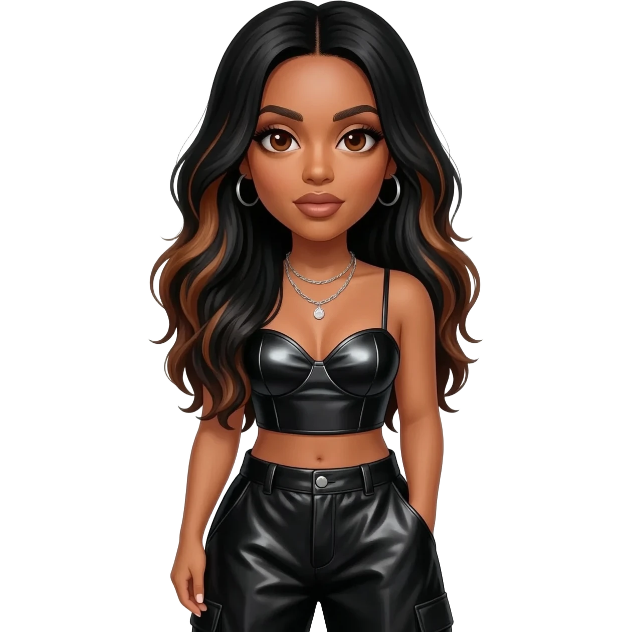 Aaliyah with brown eyes, long jet black hair with brown highlights, black metallic sweetheart crop top, black metallic baggy pants, silver necklace emoji