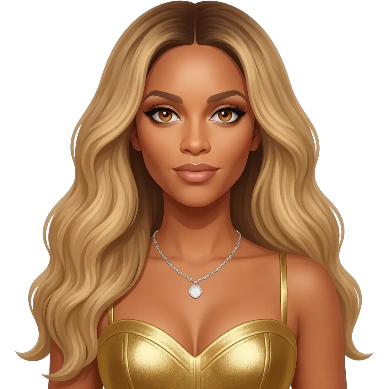 Beyonce with hazel eyes, long blonde hair, gold metallic sweetheart dress, silver necklace emoji