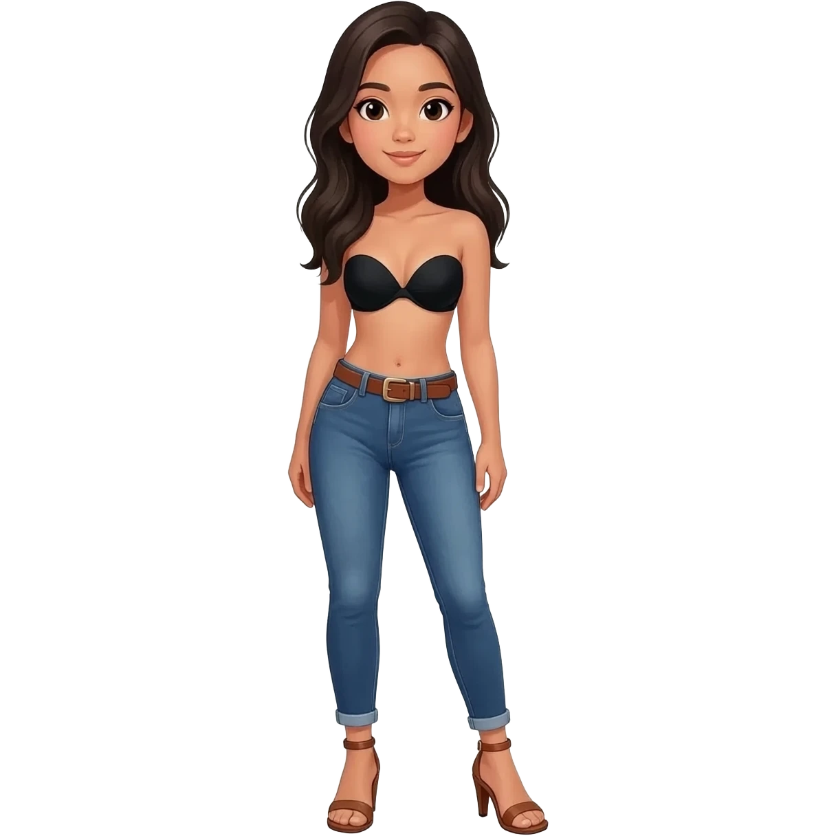 Filipino girl black bra strapless top and low waisted denim jeans with brown belt with feet stand straight body wear pageant high heels sandals brown emoji