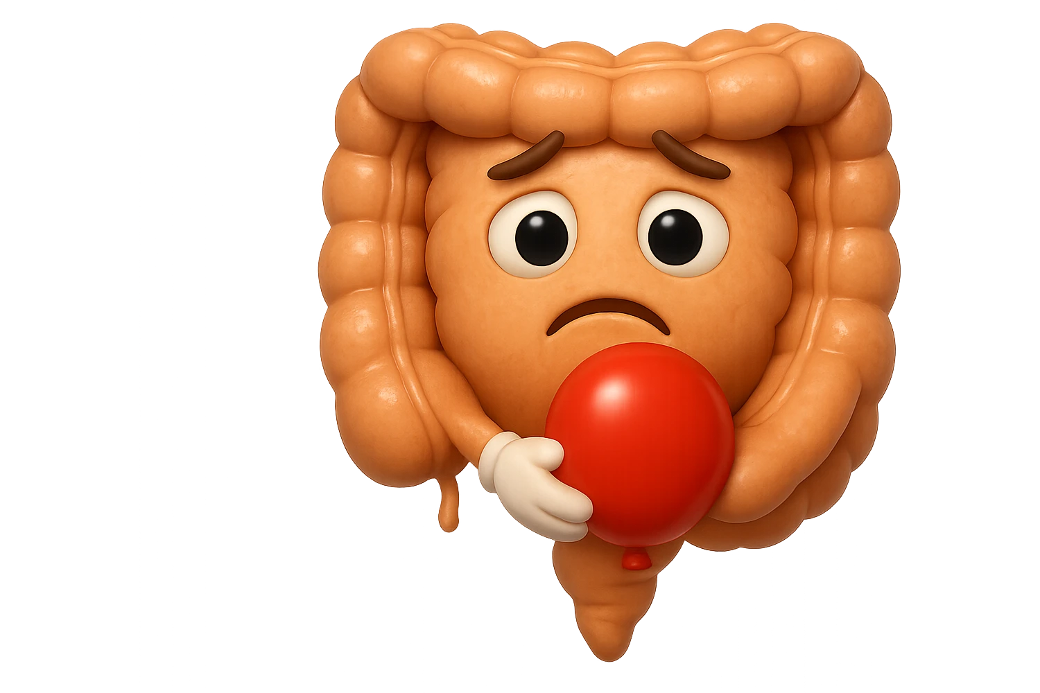 EMOJI STILE IPHONE DI un intestino triste con palloncino rosso sulla pancia, IPERREALISTICO 4K emoji