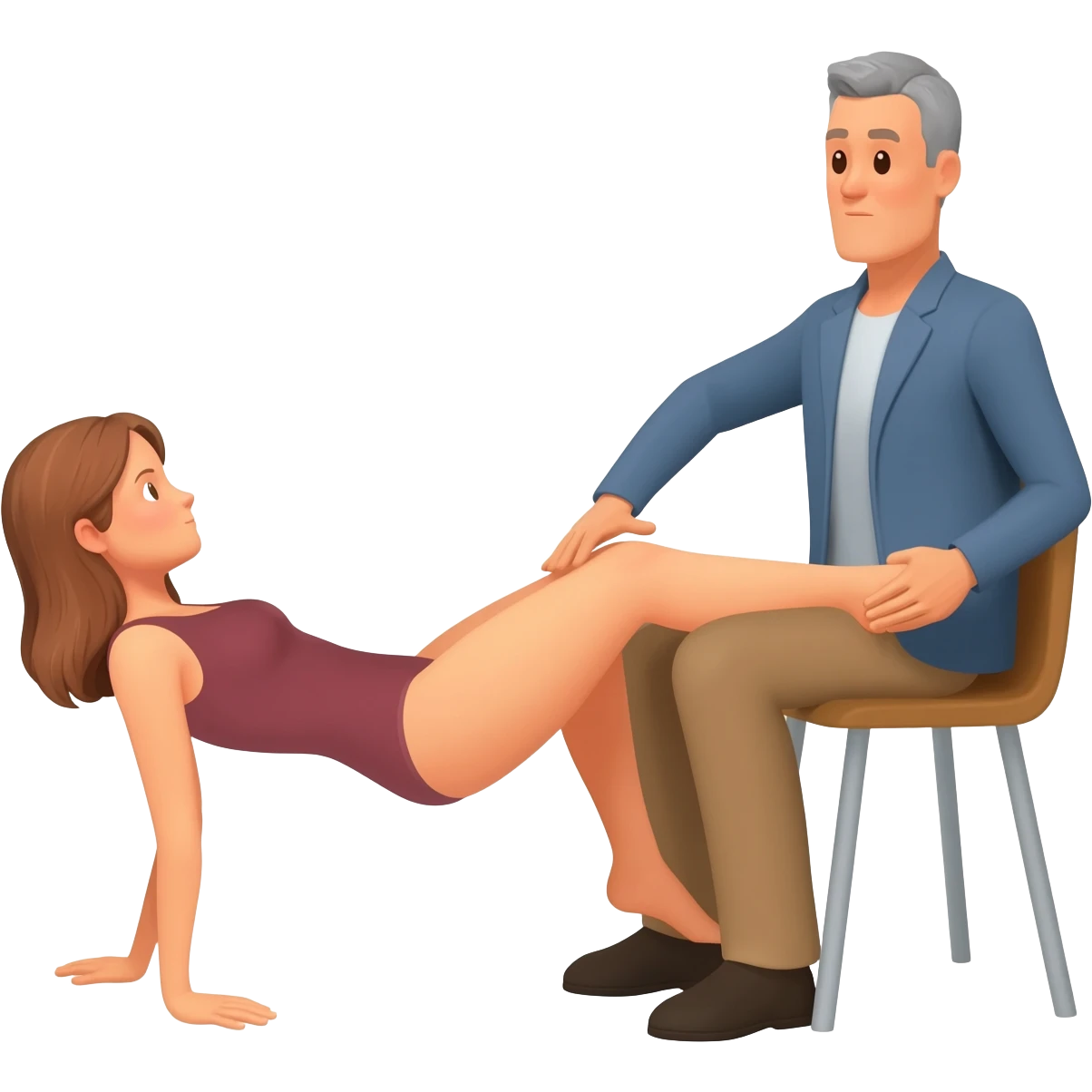 She is laying with her stomach across a man’s knees as he sits in a chair and she is being spanked by him emoji