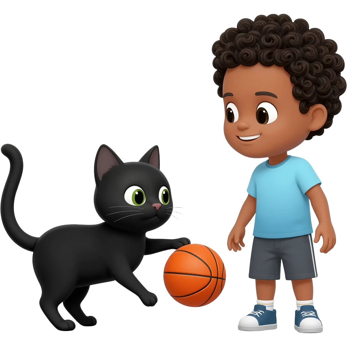 Black cat playing with orange basketball and a little white boy with curly black hair emoji