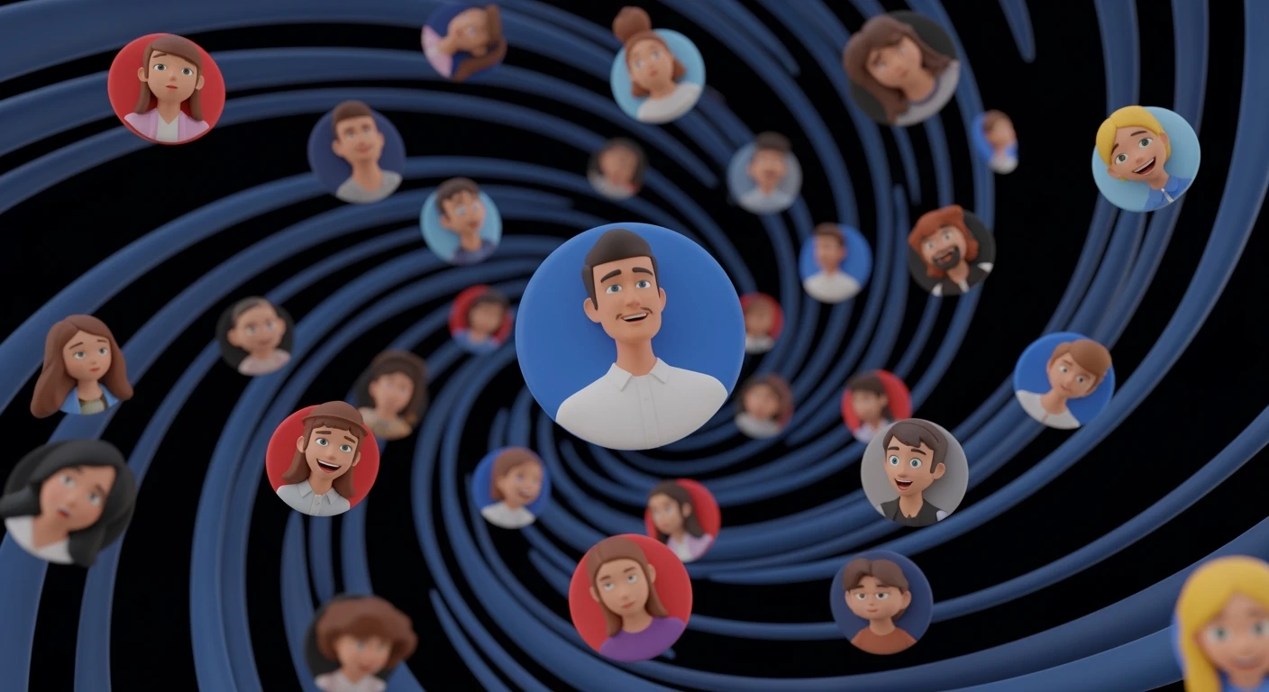 Graphic of a flying aroundg google profiles with 3d disney style faces of people (Gradient black and blue background) emoji