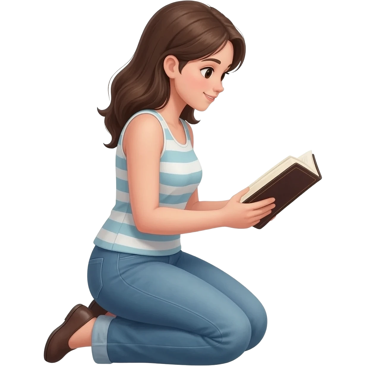 нарисуй девушку, читающую библию  на коленях ей    20 - 25 лет с боку  emoji