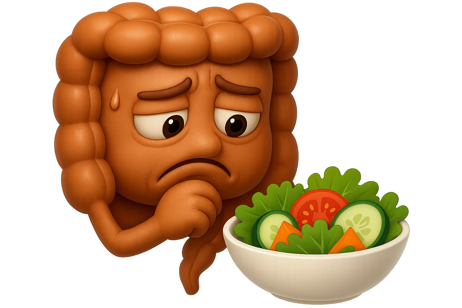 EMOJI STILE IPHONE DI UN INTESTINO UMANO ANATOMICO CHE GUARDA UN INSALATA CON ESPRESSIONE TRISTE E RASSEGNATA IN VOLTO: SOFFRE LA FAME PERCHé è A DIETA, FAGLI ANCHE LA PARTE BIANCA DEGLI OCCHI, NON SOLO LE PUPILLE, IPERREALISTICO 4K emoji