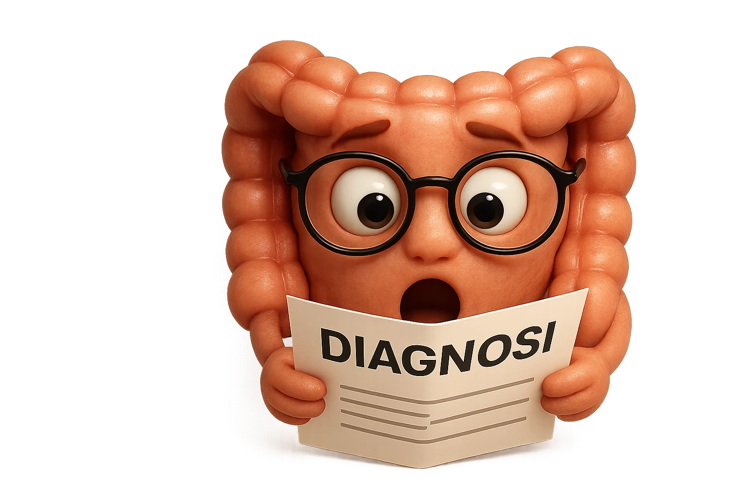 EMOJI STILE IPHONE DI UN INTESTINO CON GLI OCCHIALI CHE LEGGE UN FOGLIO CON LA SCRITTA DIAGNOSI, ESPRESSIONE STUPITA IN VOLTO, IPERREALISTICO 4K emoji