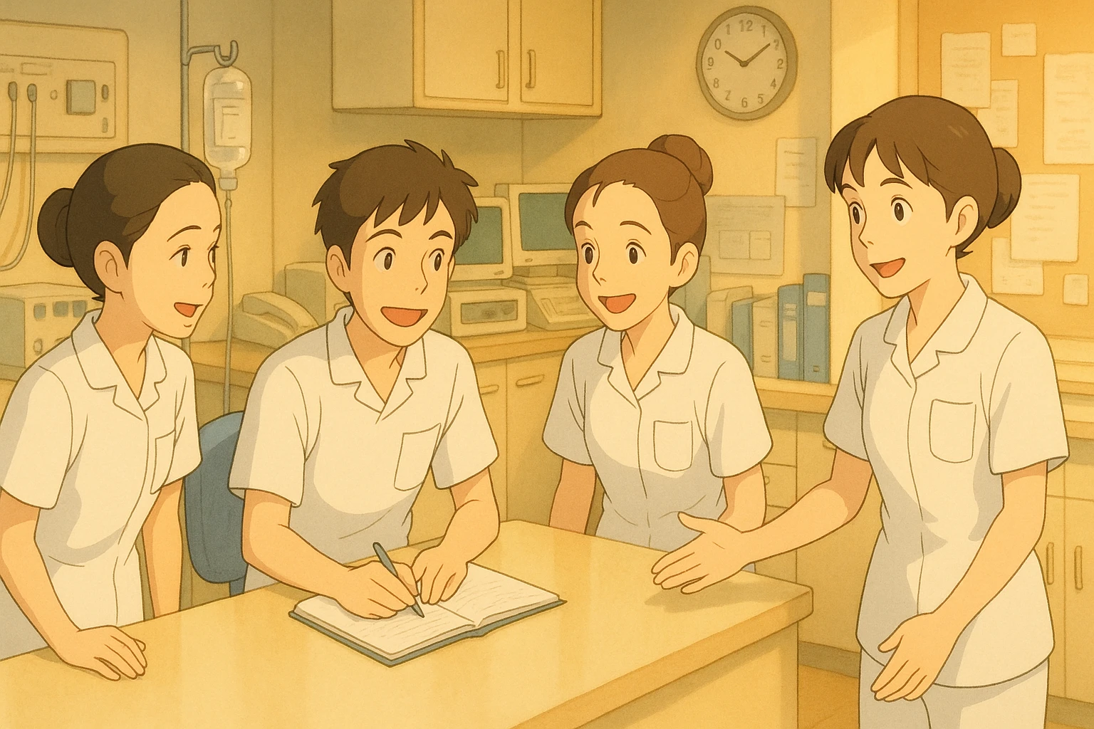 Animated scene of four nursing students inspired by photos, interacting in a care station, Ghibli style. White short-sleeve uniforms, medical tunics with V-neck, left chest pocket, no classic collar, no stethoscopes, no fabric under sleeves. Team spirit, bright care decor. emoji