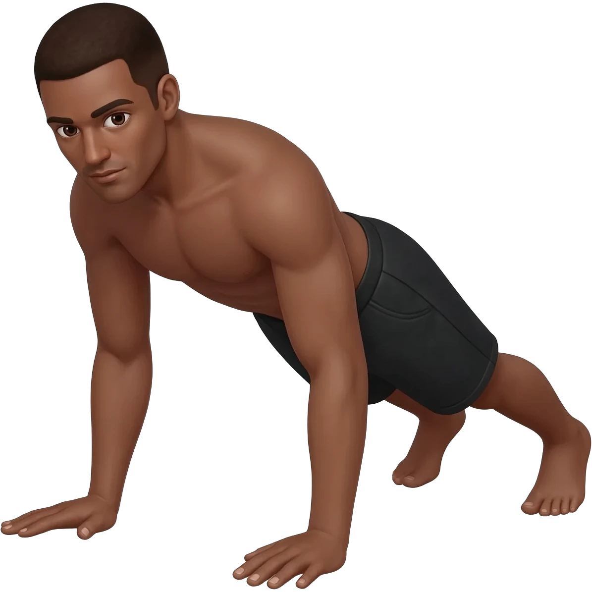 man doing push ups at and angle so we can see his face but also rest of body. tan skin. emoji