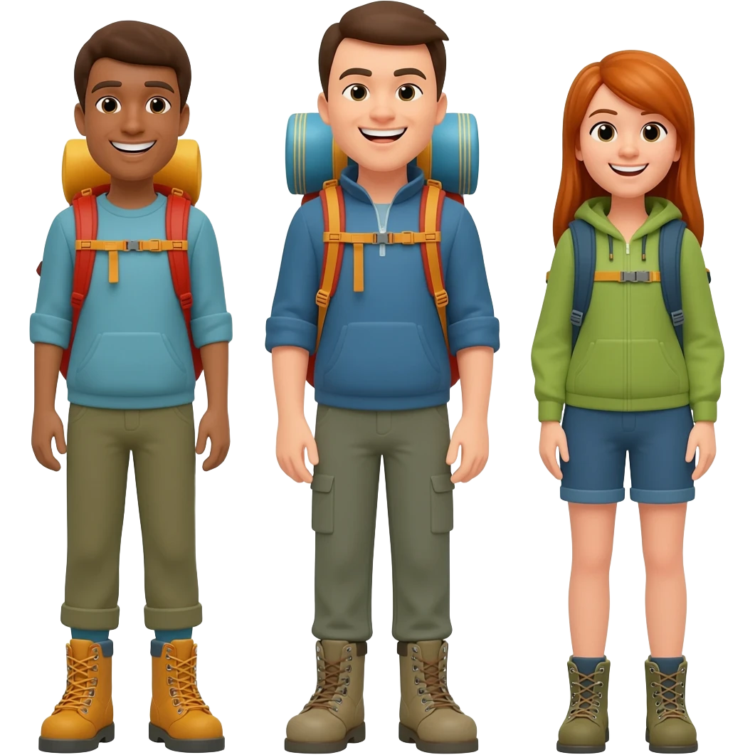 three startup team members wearing hiking boots and rucksacks emoji