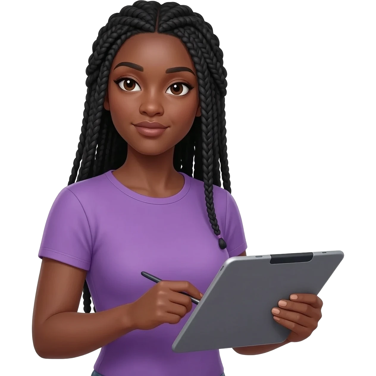 Emoji représentant une femme à la peau marron avec de longues braids noires et portant une belle chemise violette, tenant une tablette graphique dans une main et un pinceau dans l’autre emoji