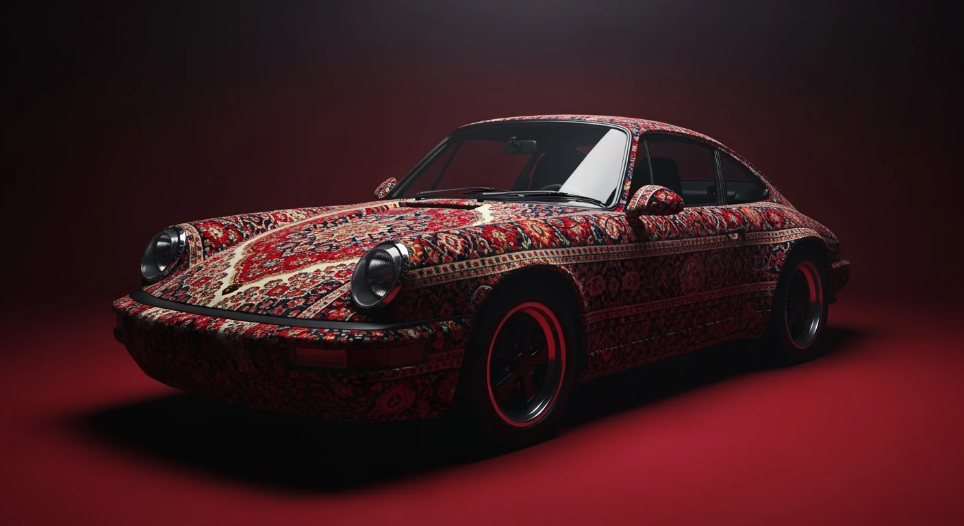 Closeup shot of a porsche 911, body of car made of russian carpet with patterns, red solid studio background, very dark room, top low key light, dutch angle, haze, captured by ARRI 65 emoji