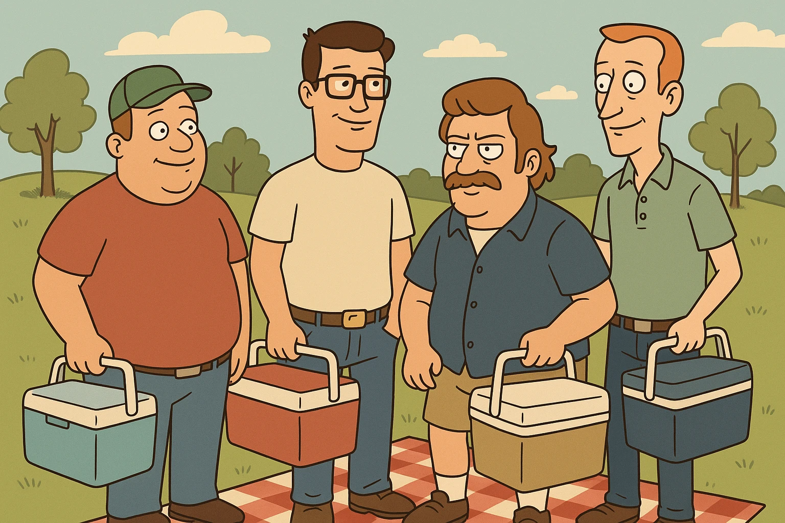 a group of men with coolers at a picnic, cartoon style emoji