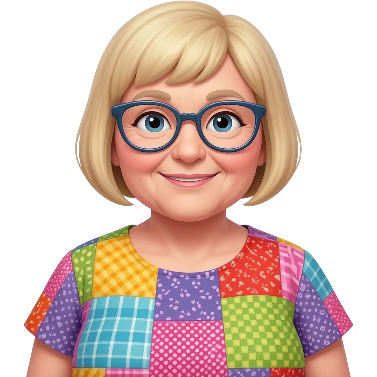 chubby old woman with colorful clothes, short pixie blonde hair and glasses emoji