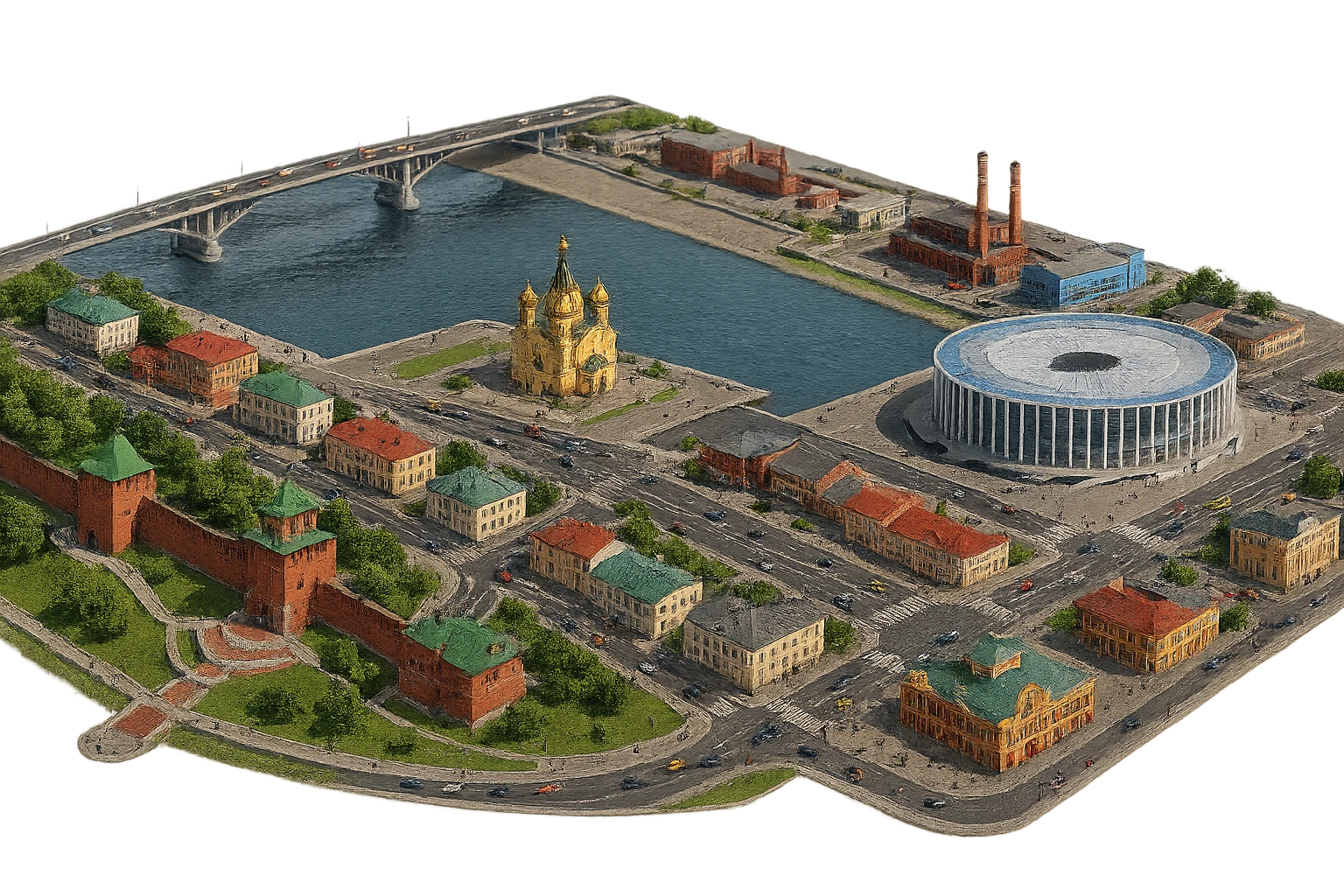 Изометричная миниатюрная фотореалистичная 3D модель панорамы Нижнего Новгорода - Нижегородский Кремль, Стрелка между Окой и Волгой, стадион Нижний Новгород, ГАЗ, Чкаловская лестница, Борский Мост через Волгу, Нижегородская ярмарка, нижегородские дома, автотранспорт четкие линии, яркие цвета, люди, компактная композиция, вид сверху в изометрии, прозрачный фон emoji
