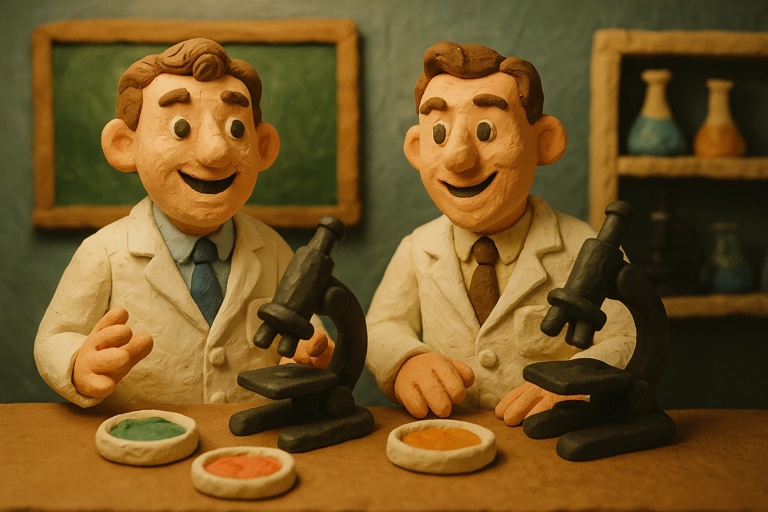 Two happy 1940s male scientists wearing white lab coats over a suite in their science laboratory full of microscopes and petri dishes. emoji