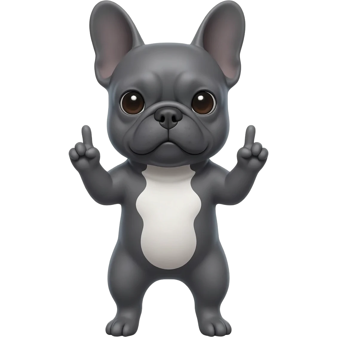 Gray French Bulldog without stripes on its head making a "two" gesture with its hands. emoji