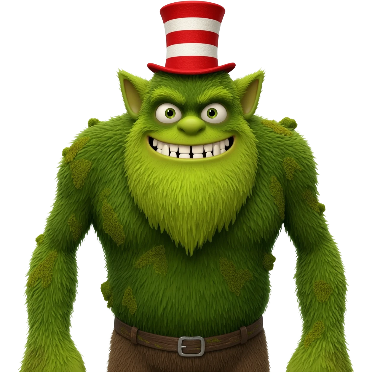 A towering, green-furred ogre with Shrek’s broad build and swampy texture—mixed with the tall, lanky proportions of the Cat in the Hat. He has small ogre ears poking through a slightly tattered red-and-white striped top hat. His wide grin blunt ogre teeth, his eyes sparkle mischievous, catlike charm emoji
