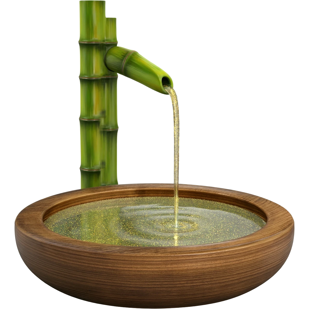 Shiny sparkly glittery beautiful elegant pretty precious divine Japanese zen garden vintage old bamboo fountain with a beautiful wooden bowl underneath aesthetic scenery  emoji
