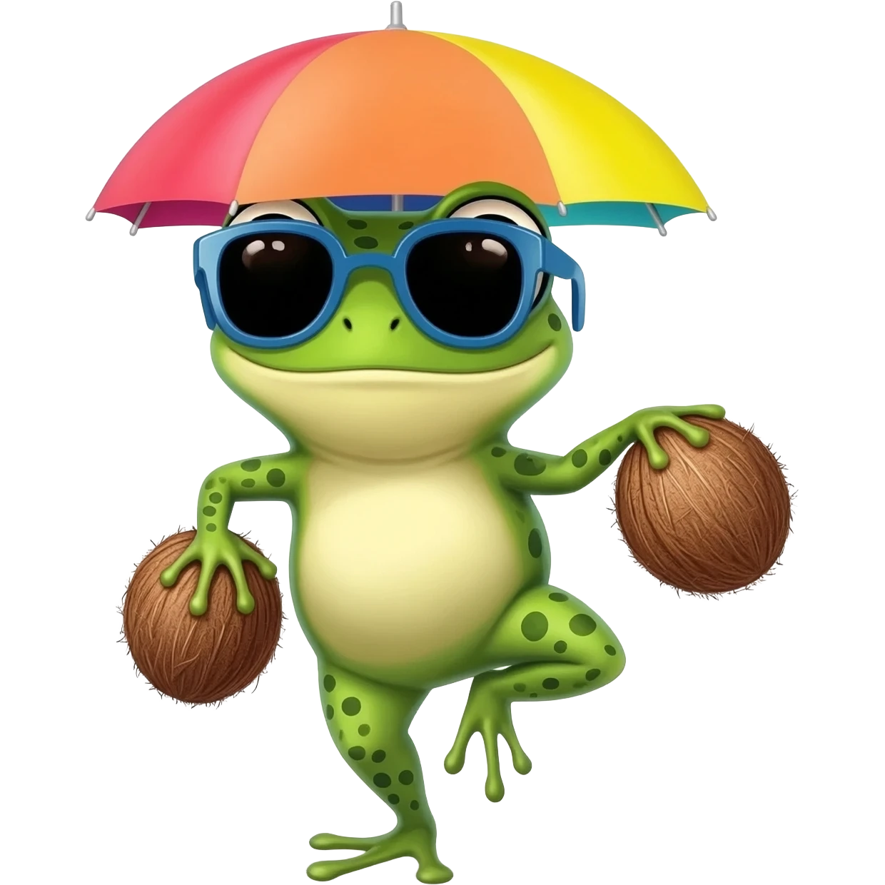 Bufo frog in a dancing pose, with colorful umbrella hat, oversized sunglasses, holding two coconuts emoji