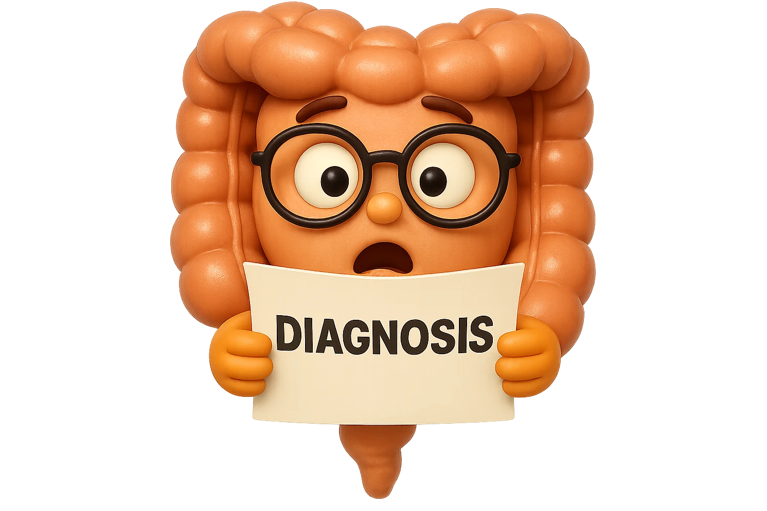 EMOJI STILE IPHONE DI UN INTESTINO CON GLI OCCHIALI CHE LEGGE UN FOGLIO CON LA SCRITTA DIAGNOSI, ESPRESSIONE STUPITA IN VOLTO, IPERREALISTICO 4K emoji