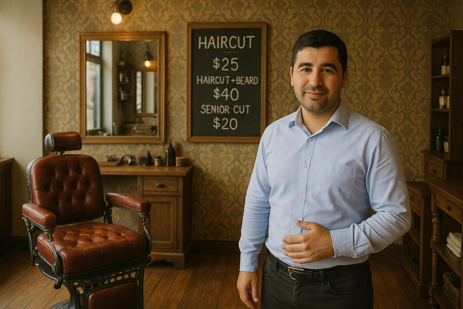 Draw me a picture of a barbershop that looks like this guy working in a barbershop. The barbershop doesn't have to be very modern. It should be on a medium floor. Also draw a blackboard on the wall. It should have the prices for haircuts there. emoji