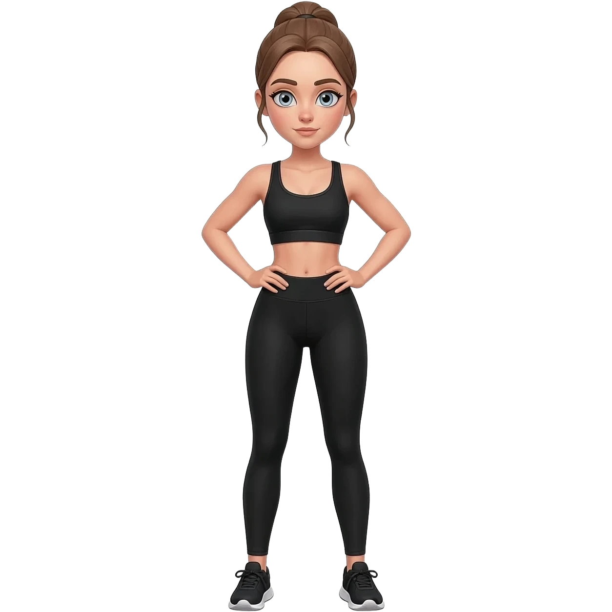hands on lower back, back relief pose, fair-skinned woman, gray-blue eyes, ash brown brows, ash light brown hair tied back, slim athletic body, black workout set, black sneakers with white soles emoji