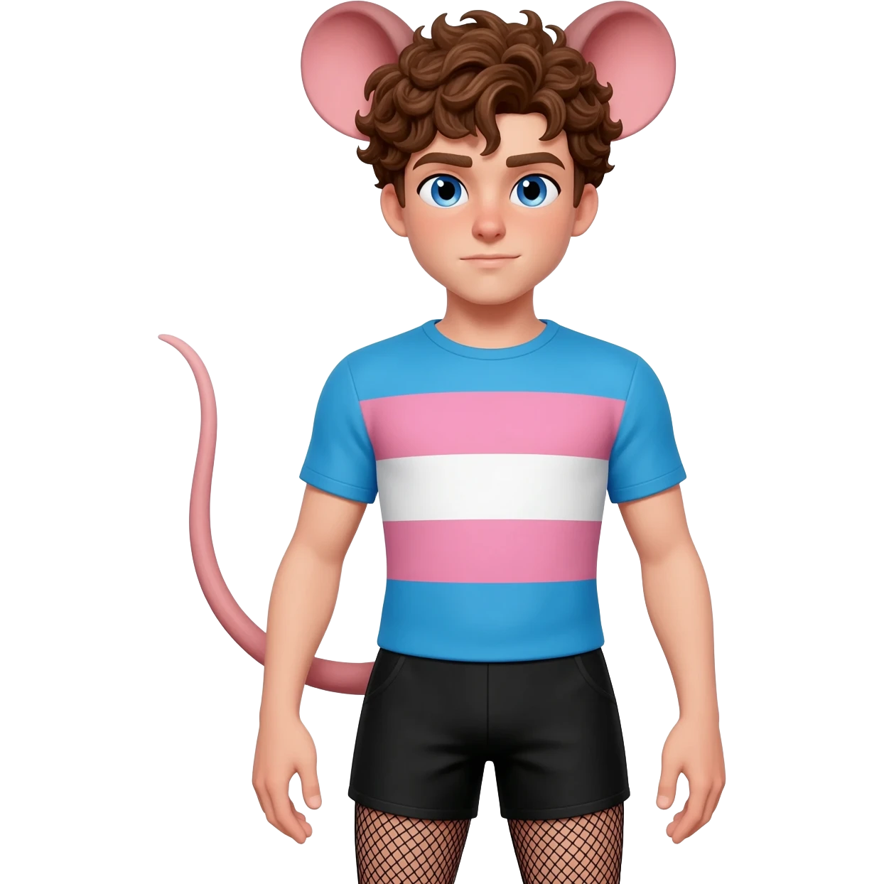 a white twink boy with blue eyes, short curly brown hairs and rat ears, he has a rat tail. he is dressed in a short shade of the color trans flag and short black shorts with mesh stockings emoji
