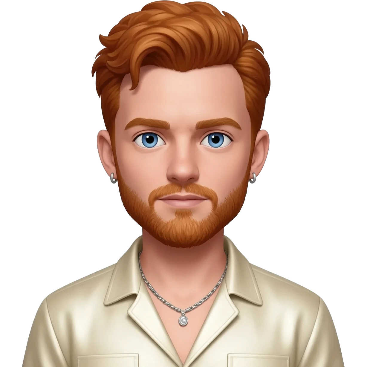 Finneas O'Connell with blue eyes, ginger hair and short beard, ivory metallic shirt, silver necklace and short earrings emoji