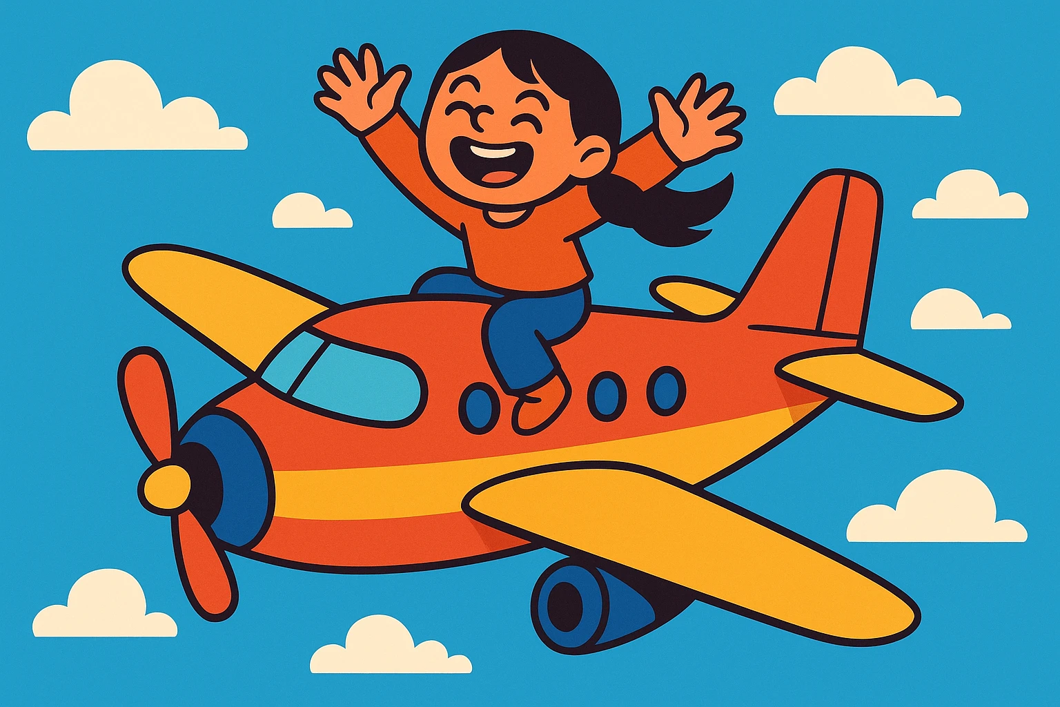 a girl joyfully riding on top of a flying airplane, whimsical and fun, blue sky emoji