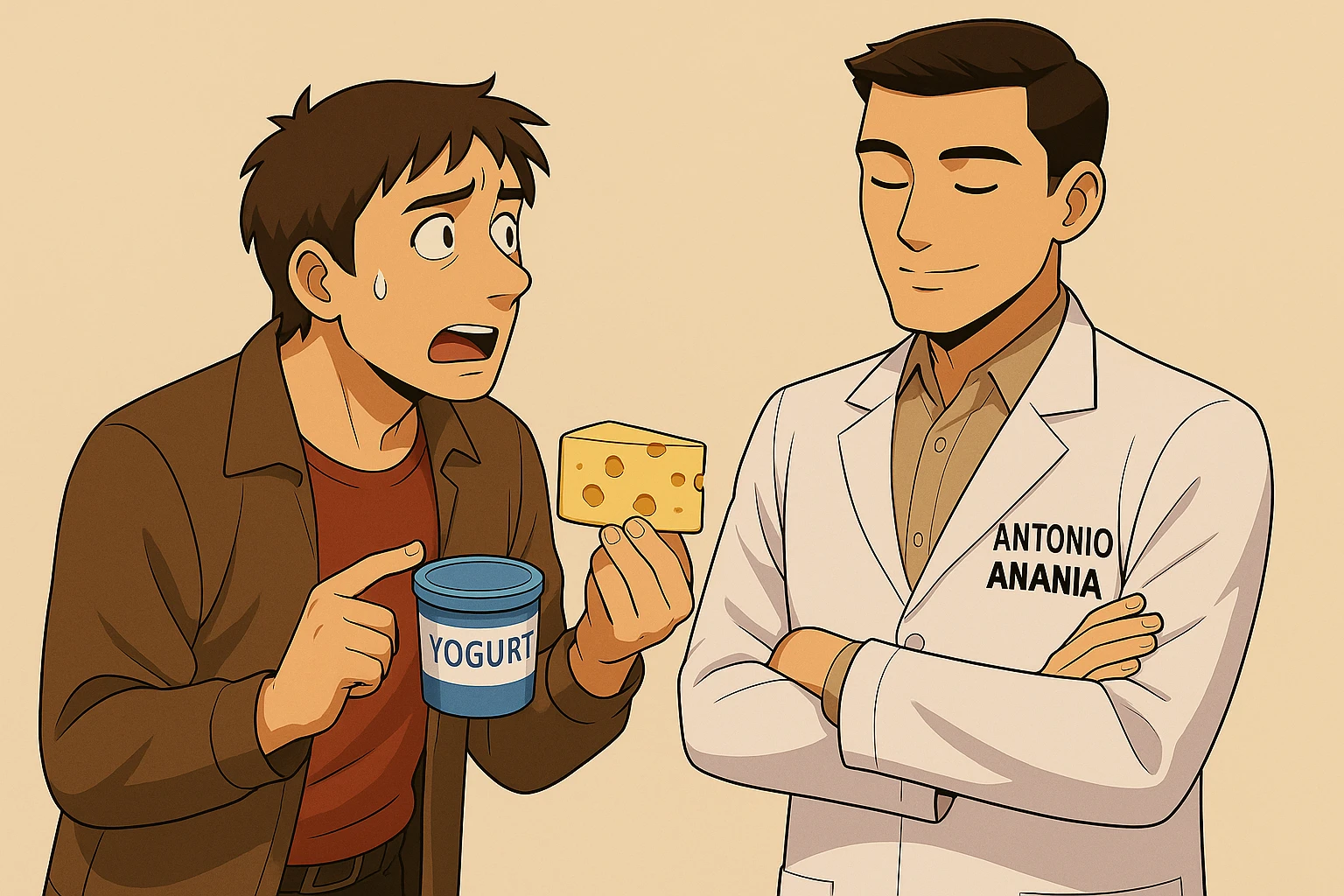fai un webtoon manga a colori con questo stile, in cui un uomo fa una domanda al kinesiologo con il camice bianco (fagli anche la scritta "ANTONIO ANANIA" SUL CAMICE, l'uomo chiede una cosa mostrando un formaggio e uno yogurt al kinesiologo con il camice, IL KINESIOLOGO annuisce e SPIEGA ALL'UOMO UNA cos. L'UOMO ha un ESPRESSIONE CONFUSA IN VOLTO. non fare i fumetti però, fai solo in modo che sembri stiano parlando emoji