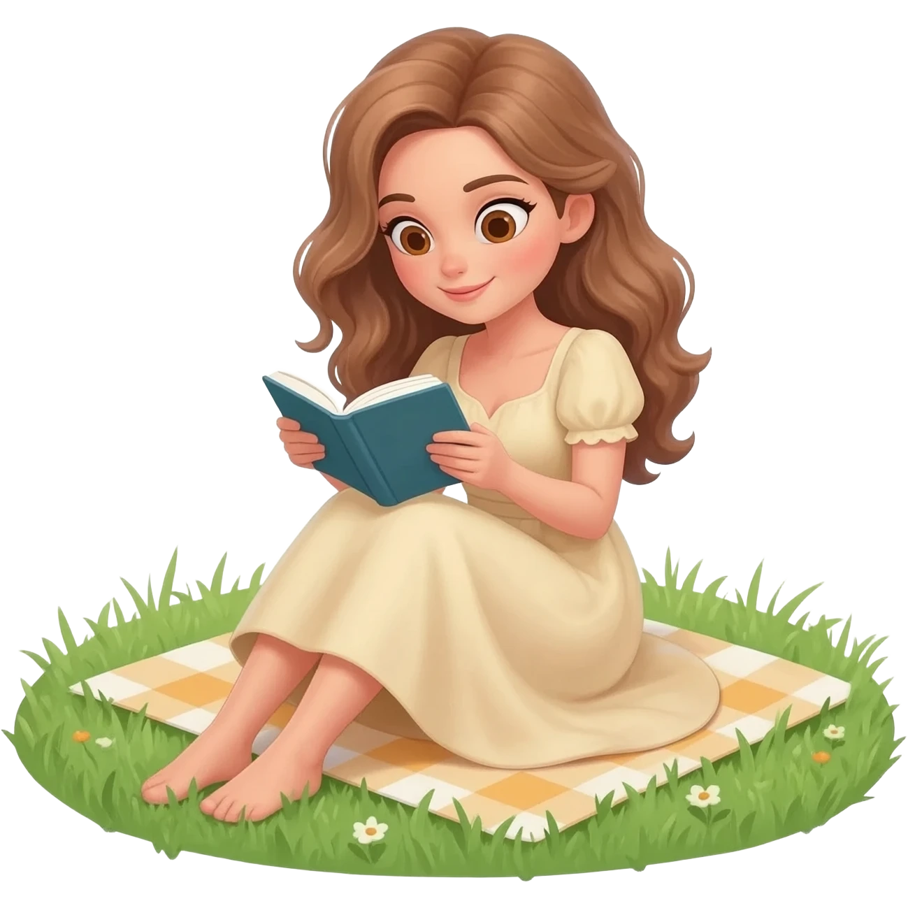 detailed emoji scene of a woman with long light brown wavy hair and light brown eyes reading a book while sitting in the grass, peaceful picnic atmosphere, emoji style illustration emoji