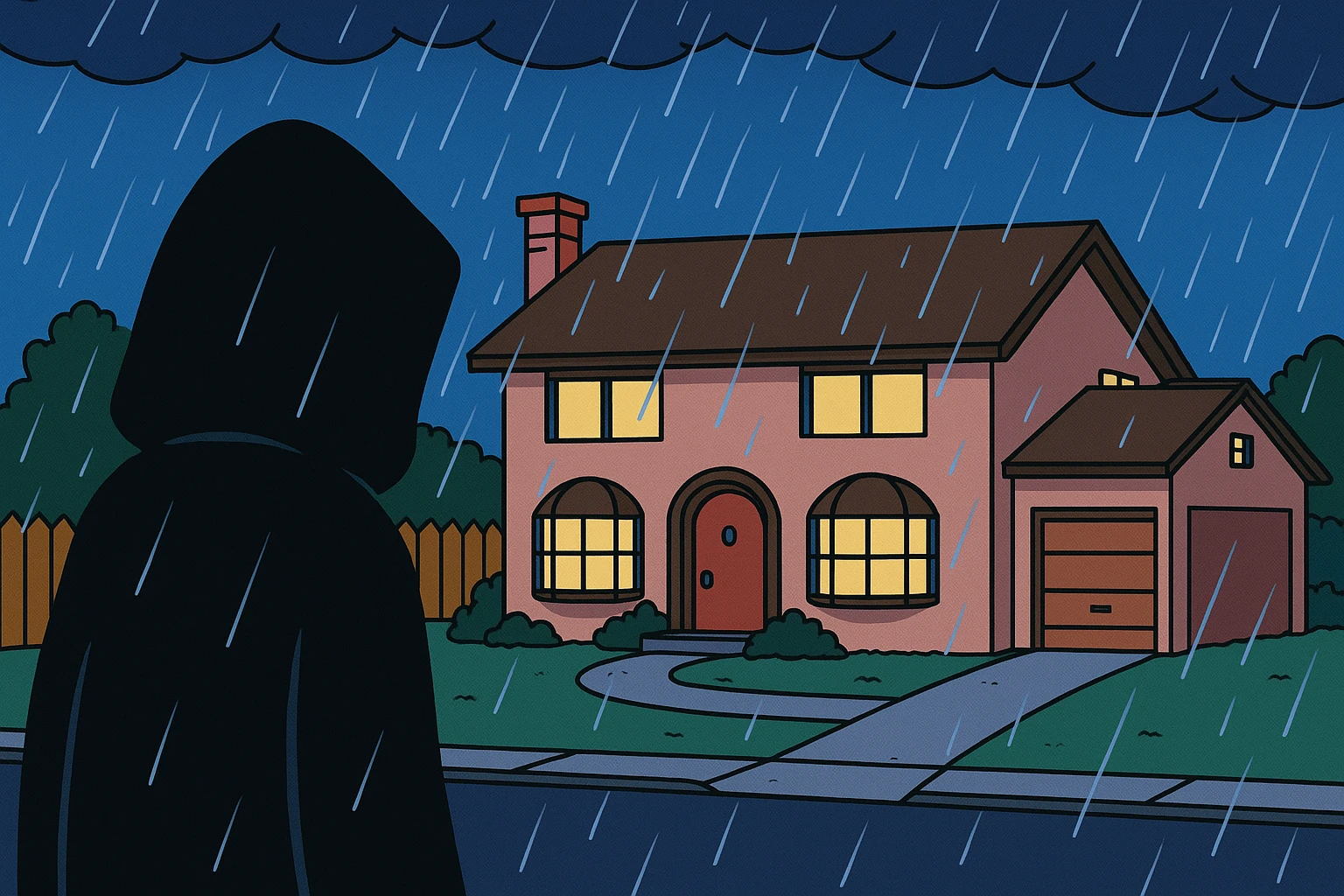Springfield sous la pluie, la nuit. Une silhouette encapuchonnée observe la maison des Simpson. emoji