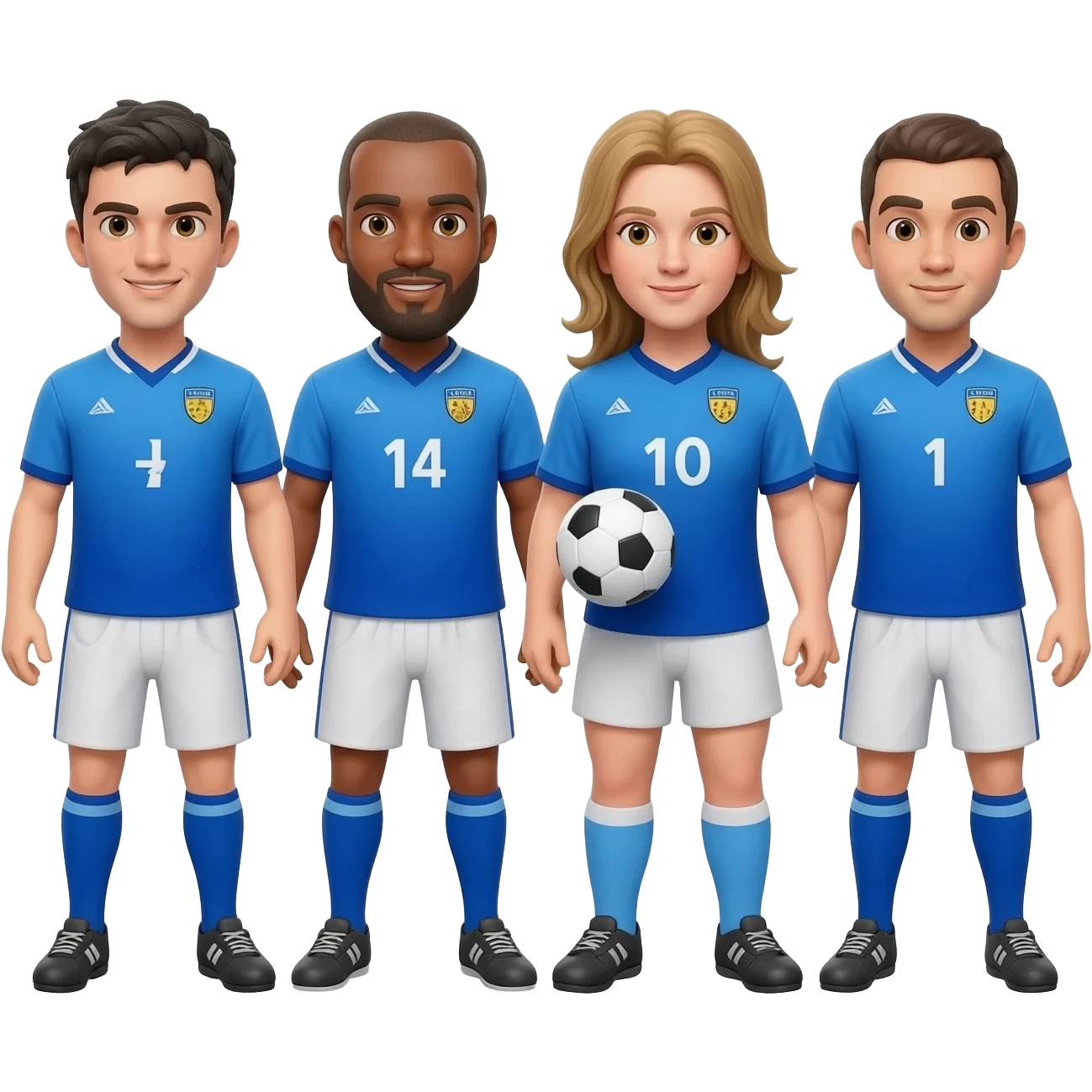 4 soccer players of the same team in blue jersey playing soccer together emoji