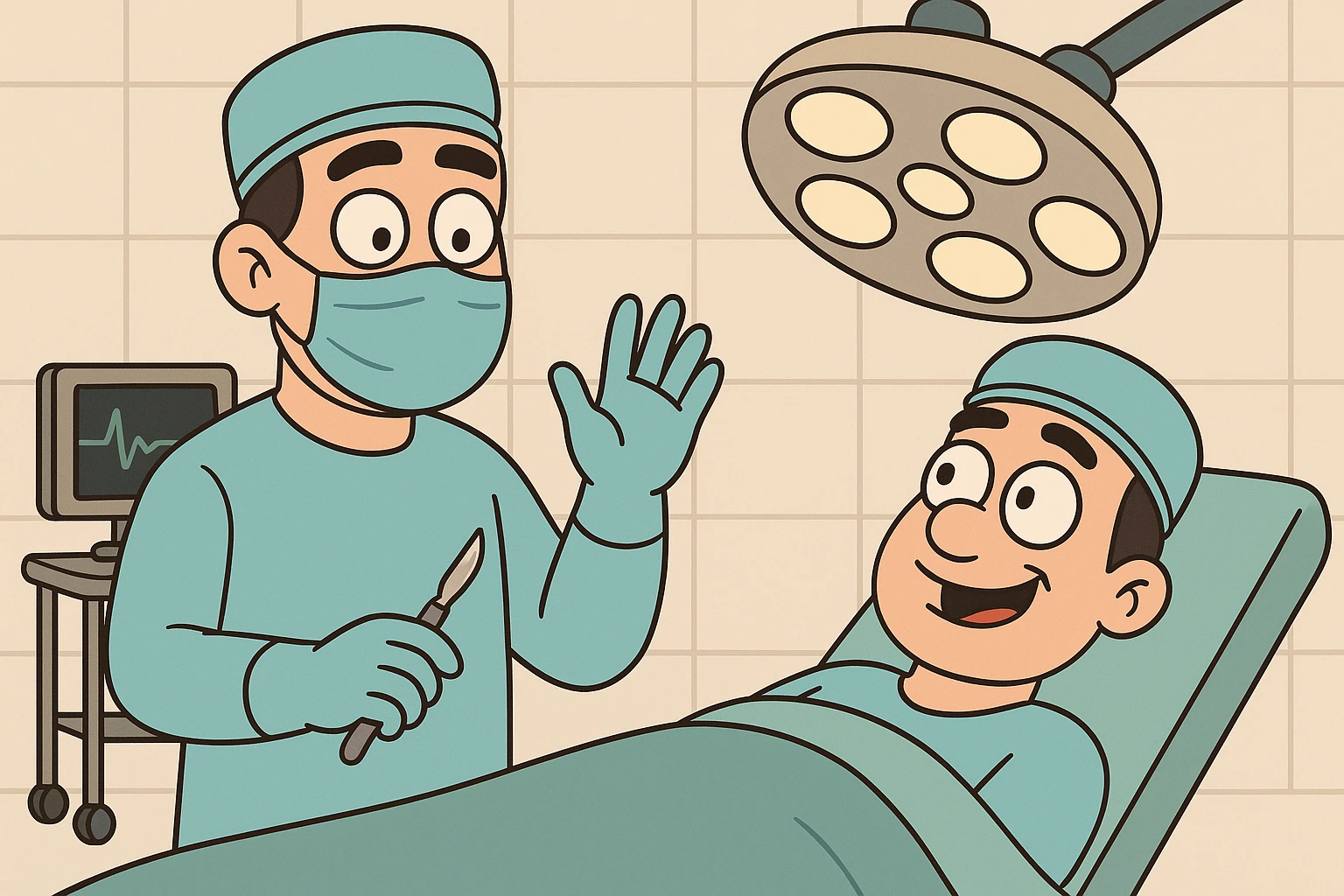 surgery cartoon style, friendly and approachable, doctor and patient, no blood, suitable for educational use emoji