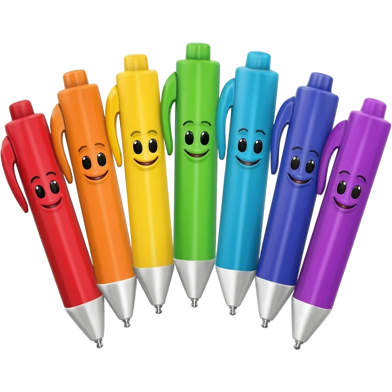 Create an emoji inspired by a specific brand of colored felt tip pens, for example, Stabilo or Sharpie, in a set of seven vibrant rainbow colors. Keep the brand's aesthetic but adapt it to a friendly emoji format. emoji