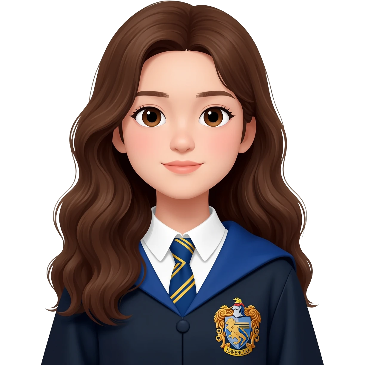 Asian girl with long wavy brown hair and brown eyes wearing Ravenclaw robe from Harry Potter emoji