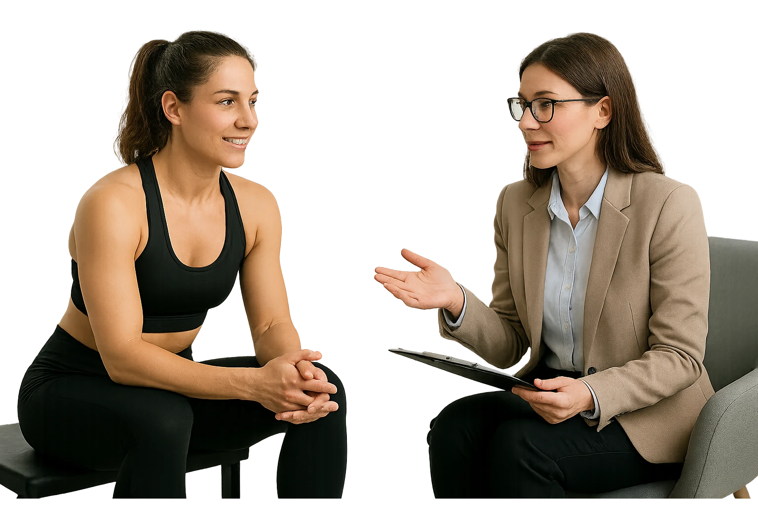 donna fitness parla con uno psicologo, sfondo bianco emoji