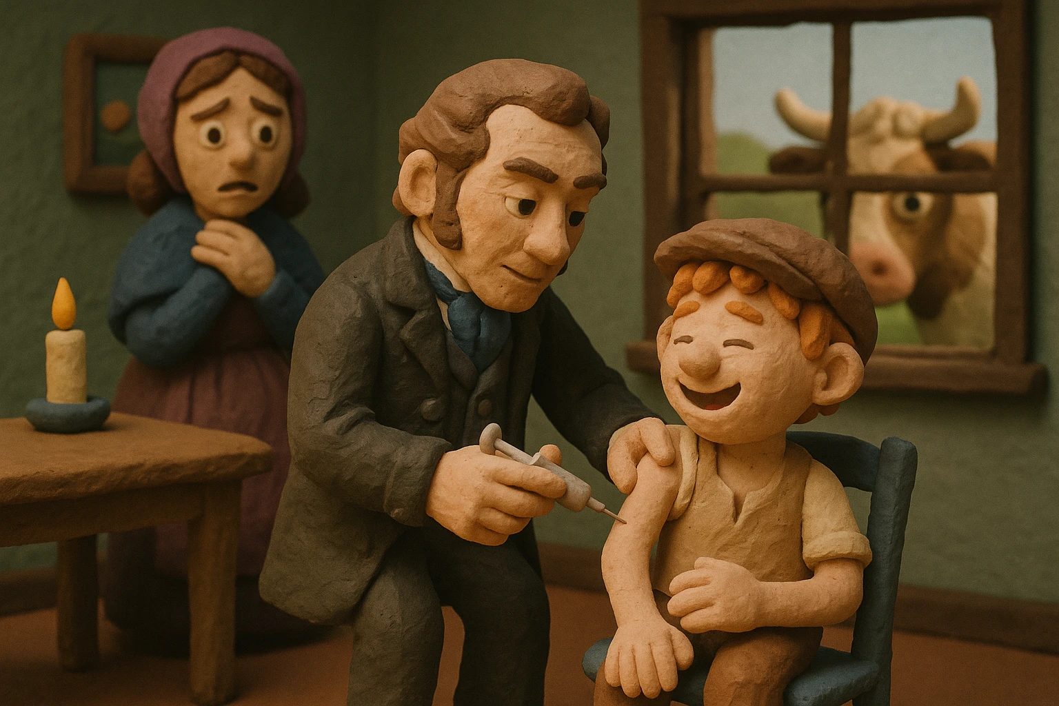 A Victorian doctor giving a young happy poor boy a vaccination with the boy's mother in the background looking worried in their living room. Through the window is a cow emoji