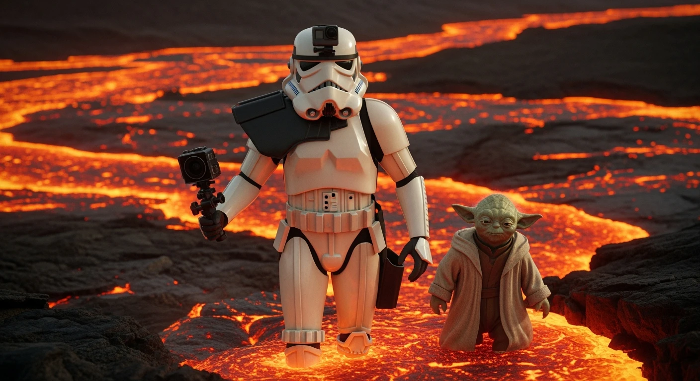 Cinematic still, vlog-style camera angle, Starwars stormtroopers vlogging , he is walking on lava planet with yoda emoji